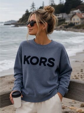 Michael Kors Blue Flocked KORS Logo Crewneck Sweatshirt | Size Small